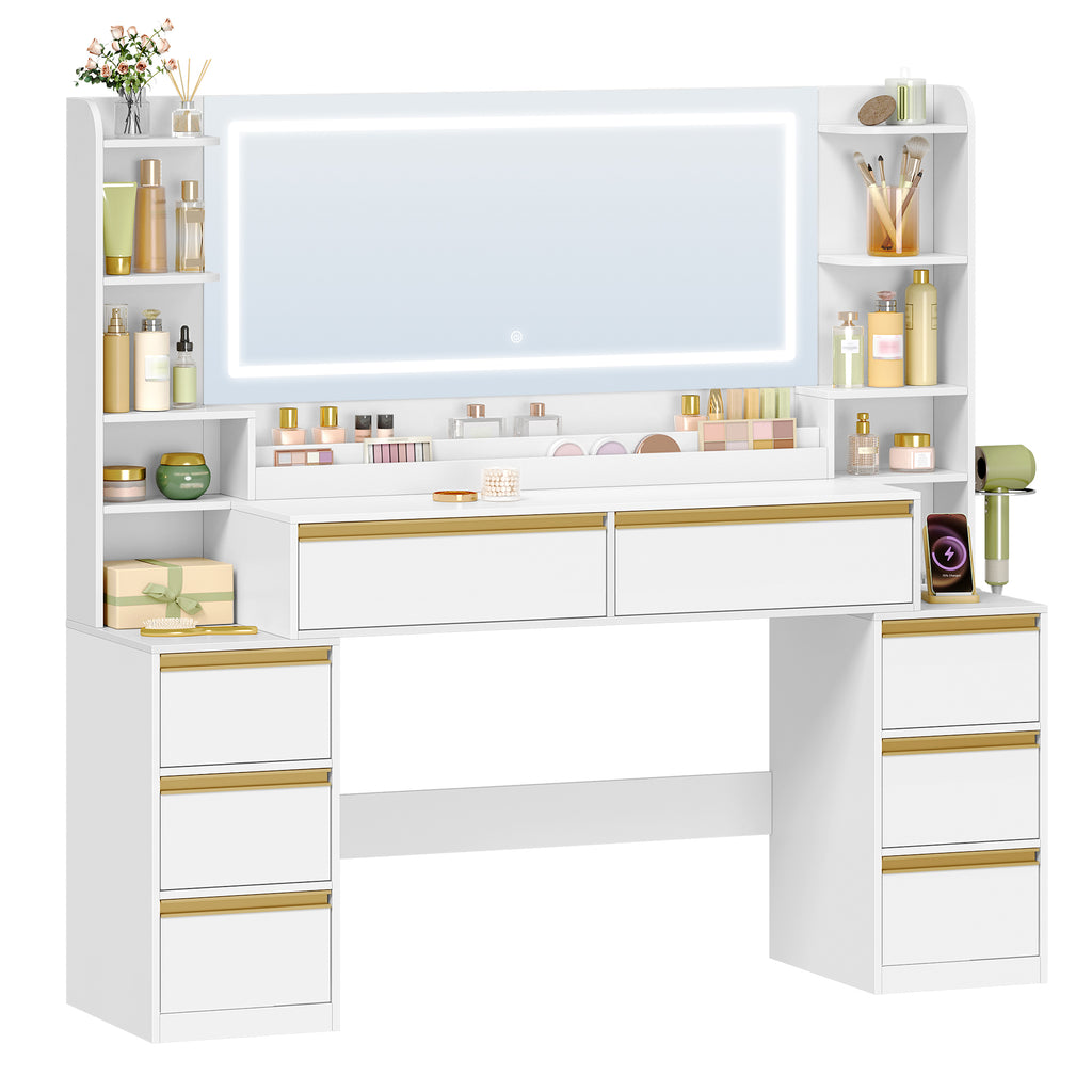 HEXCELEN Dressing Table with Large Mirror, Vanity Table and Hair Dryer Holder, 8 Drawers, Open Compartments, 40 x 149 x 140 cm, Modern White and Gold Dressing Table,1150103X