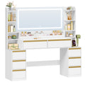 HEXCELEN Dressing Table with Large Mirror, Vanity Table and Hair Dryer Holder, 8 Drawers, Open Compartments, 40 x 149 x 140 cm, Modern White and Gold Dressing Table,1150103X