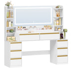 HEXCELEN Dressing Table with Large Mirror, Vanity Table and Hair Dryer Holder, 8 Drawers, Open Compartments, 40 x 149 x 140 cm, Modern White and Gold Dressing Table,1150103X
