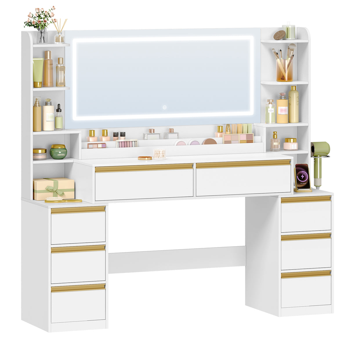 HEXCELEN Dressing Table with Large Mirror, Vanity Table and Hair Dryer Holder, 8 Drawers, Open Compartments, 40 x 149 x 140 cm, Modern White and Gold Dressing Table,1150103X
