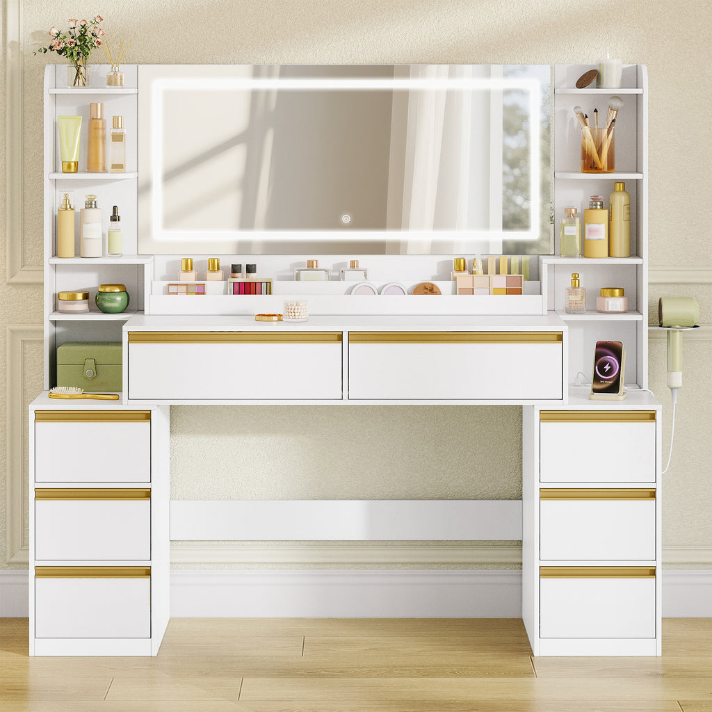 HEXCELEN Dressing Table with Large Mirror, Vanity Table and Hair Dryer Holder, 8 Drawers, Open Compartments, 40 x 149 x 140 cm, Modern White and Gold Dressing Table,1150103X