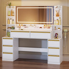 HEXCELEN Dressing Table with Large Mirror, Vanity Table and Hair Dryer Holder, 8 Drawers, Open Compartments, 40 x 149 x 140 cm, Modern White and Gold Dressing Table,1150103X