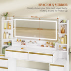 HEXCELEN Dressing Table with Large Mirror, Vanity Table and Hair Dryer Holder, 8 Drawers, Open Compartments, 40 x 149 x 140 cm, Modern White and Gold Dressing Table,1150103X