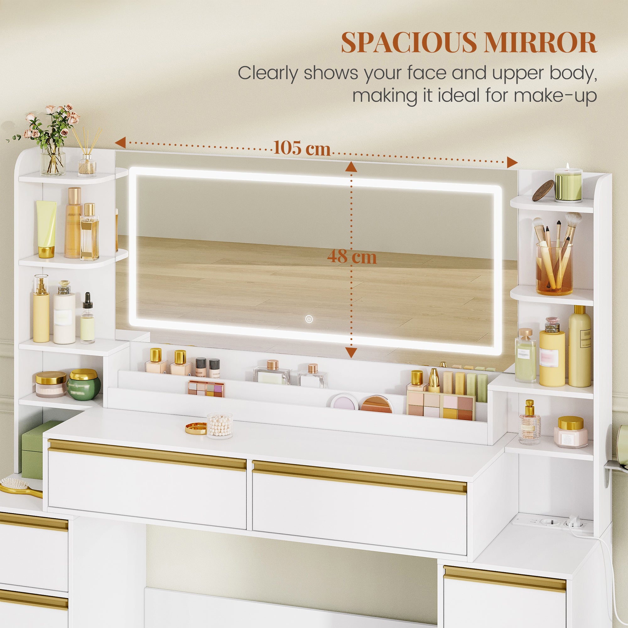 HEXCELEN Dressing Table with Large Mirror, Vanity Table and Hair Dryer Holder, 8 Drawers, Open Compartments, 40 x 149 x 140 cm, Modern White and Gold Dressing Table,1150103X