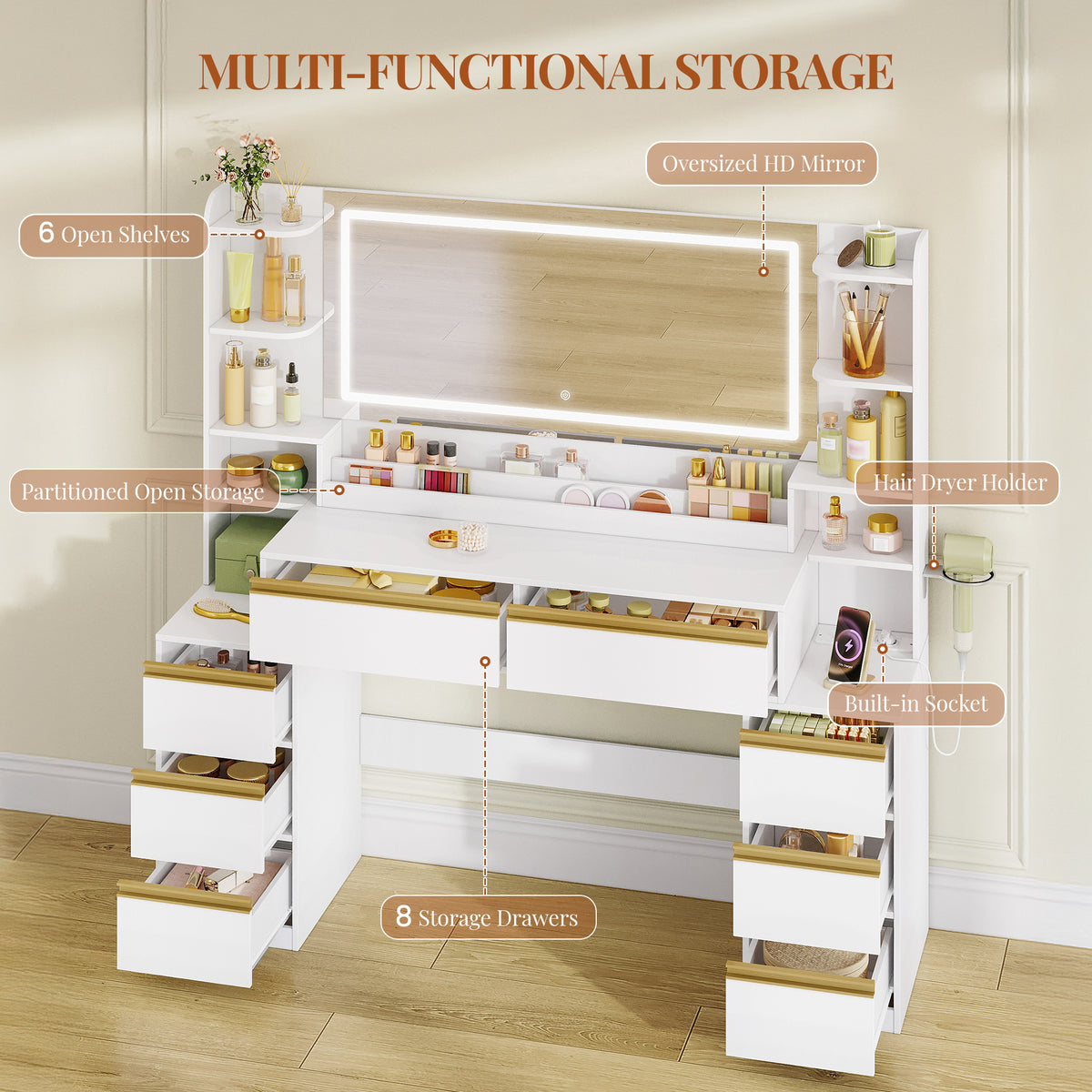 HEXCELEN Dressing Table with Large Mirror, Vanity Table and Hair Dryer Holder, 8 Drawers, Open Compartments, 40 x 149 x 140 cm, Modern White and Gold Dressing Table,1150103X