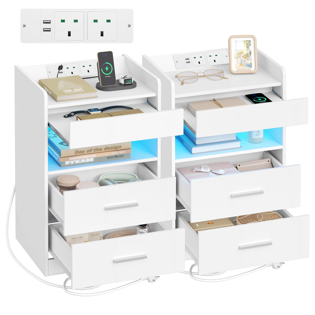 Hzuaneri Nightstand Set of 2, Side Table with Tray, Nightstand with Charging Function & LED Lighting, 2 Drawers, Modern, for Bedroom, Living Room 35 x 40 x 64 cm, White NS33603X