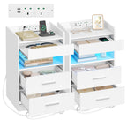 Hzuaneri Nightstand Set of 2, Side Table with Tray, Nightstand with Charging Function & LED Lighting, 2 Drawers, Modern, for Bedroom, Living Room 35 x 40 x 64 cm, White NS33603X