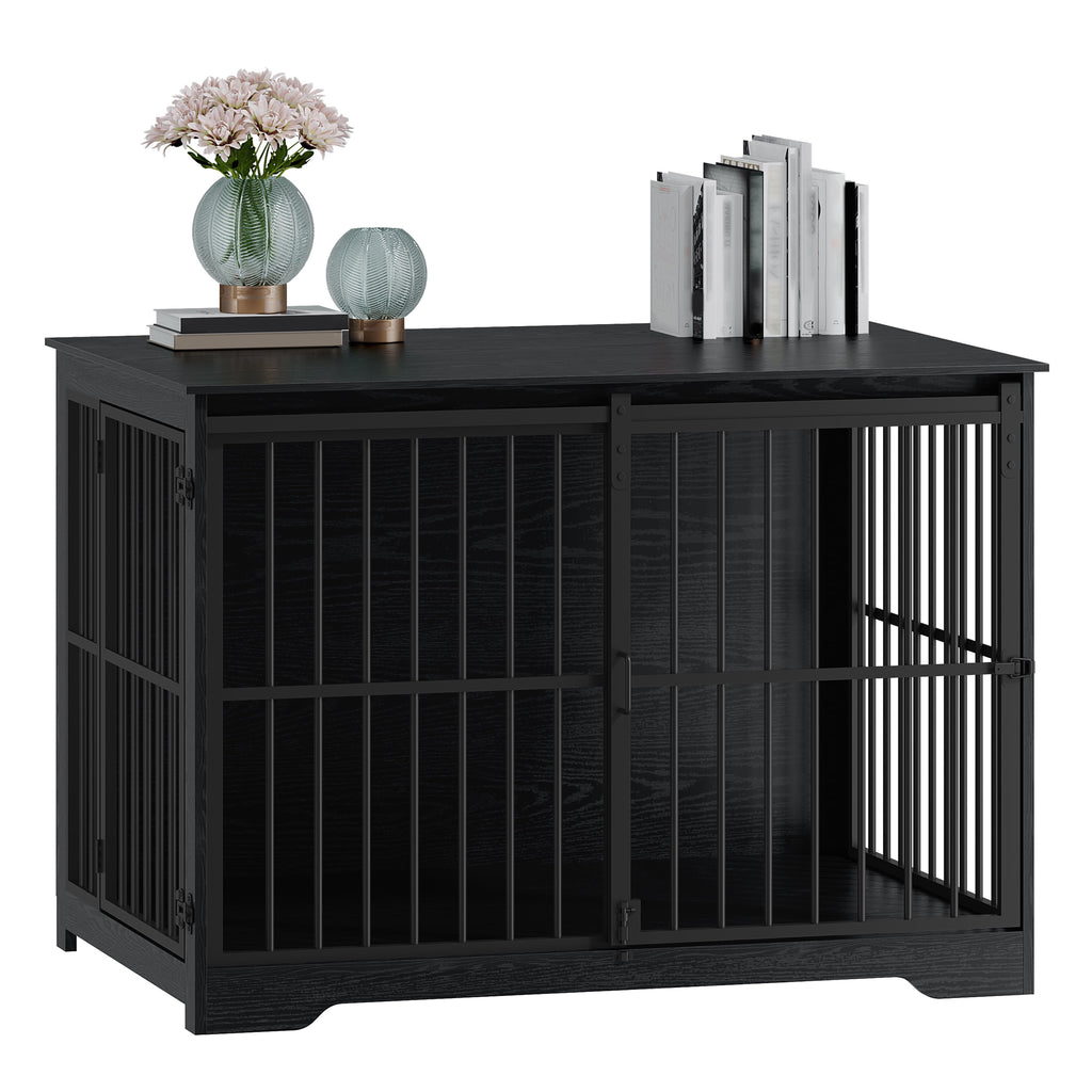 Hzuaneri 44 Inch Dog Crate Furniture, XL Indoor Dog Kennel for Large Dog with Barn Door, Heavy Duty Wooden Dog Cage as TV Stand & End Table, Black