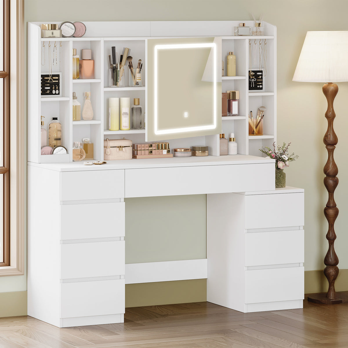 HEXCELEN 120 cm dressing table with mirror, large mirror, vanity table with 8 drawers and 11 open compartments, integrated jewelry tray, 40 × 120 × 141 cm, white,120203X
