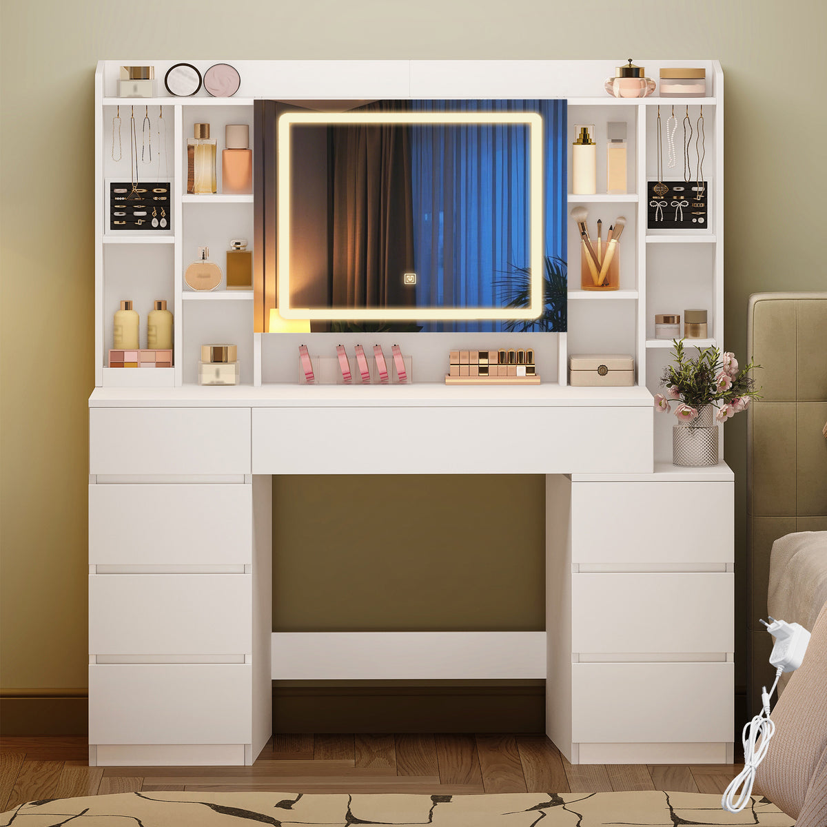 HEXCELEN 120 cm dressing table with mirror, large mirror, vanity table with 8 drawers and 11 open compartments, integrated jewelry tray, 40 × 120 × 141 cm, white,120203X