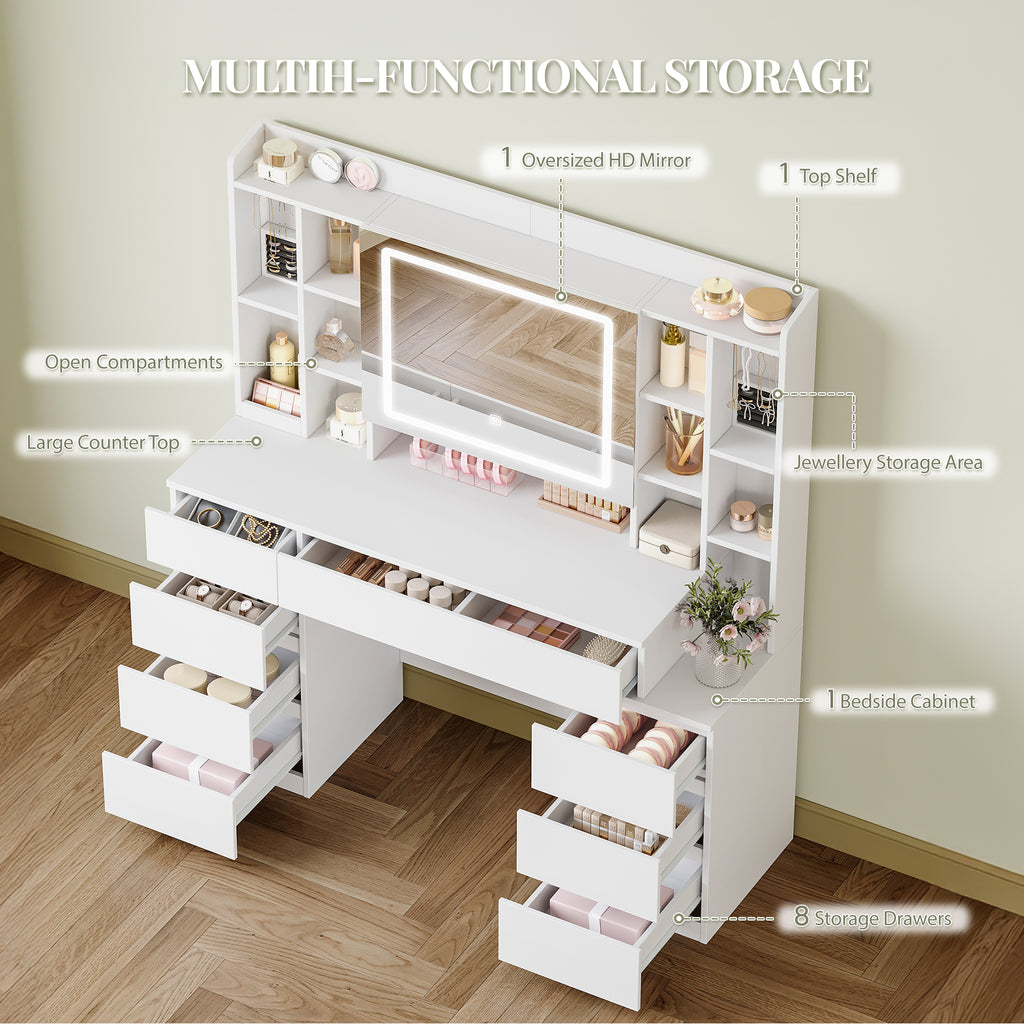 HEXCELEN 120 cm dressing table with mirror, large mirror, vanity table with 8 drawers and 11 open compartments, integrated jewelry tray, 40 × 120 × 141 cm, white,120203X