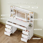 HEXCELEN 120 cm dressing table with mirror, large mirror, vanity table with 8 drawers and 11 open compartments, integrated jewelry tray, 40 × 120 × 141 cm, white,120203X