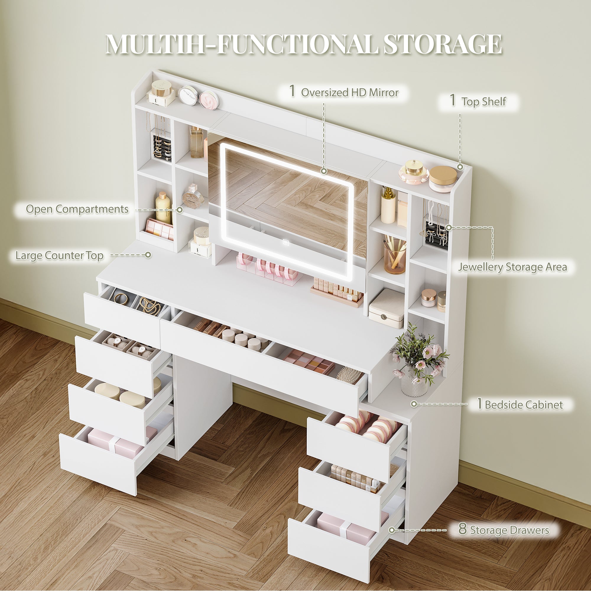 HEXCELEN 120 cm dressing table with mirror, large mirror, vanity table with 8 drawers and 11 open compartments, integrated jewelry tray, 40 × 120 × 141 cm, white,120203X