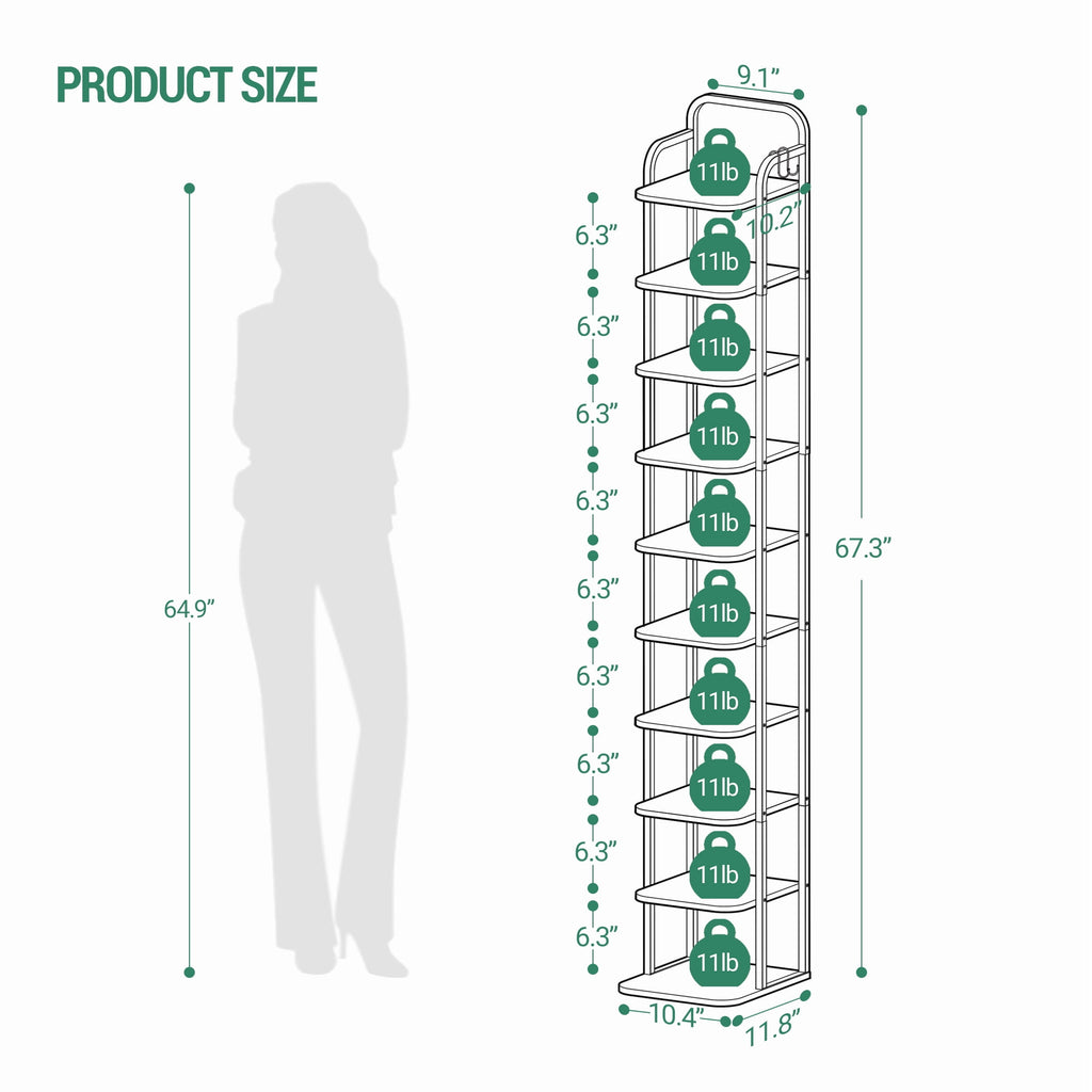Hzuaneri 10-Tier Vertical Shoe Rack, Tall Shoe Organizer with 2 Hooks, Wooden Shoe Tower for Entryway, Hallway, Closet Space Saving, Free Standing, Black