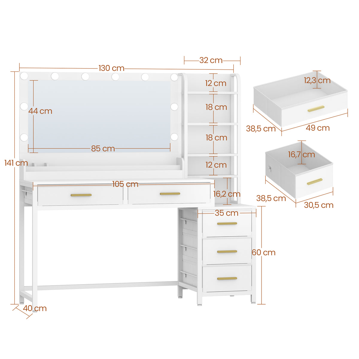 HEXCELEN dressing table, vanity table with large mirror, dressing table with 5 drawers, 5 open compartments, storage space in front of the mirror, white, 40 × 130 × 141 cm,130003W