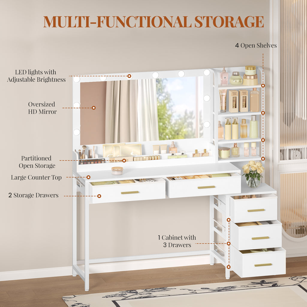 HEXCELEN dressing table, vanity table with large mirror, dressing table with 5 drawers, 5 open compartments, storage space in front of the mirror, white, 40 × 130 × 141 cm,130003W