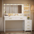 HEXCELEN dressing table, vanity table with large mirror, dressing table with 5 drawers, 5 open compartments, storage space in front of the mirror, white, 40 × 130 × 141 cm,130003W