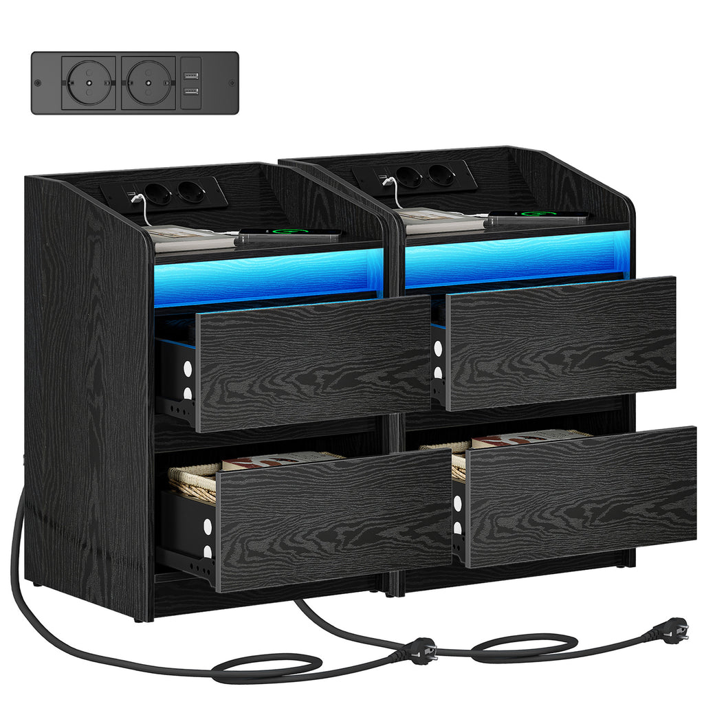 HEXCELEN Nightstand Set of 2 with LED Lights & Charging Station, 2 Drawers, USB Ports & Outlets, Black