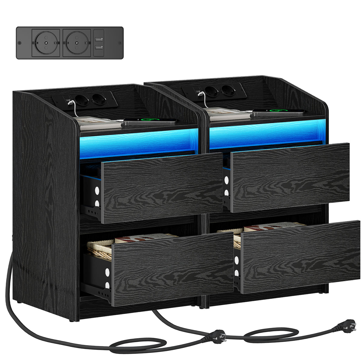 HEXCELEN Nightstand Set of 2 with LED Lights & Charging Station, 2 Drawers, USB Ports & Outlets, Black