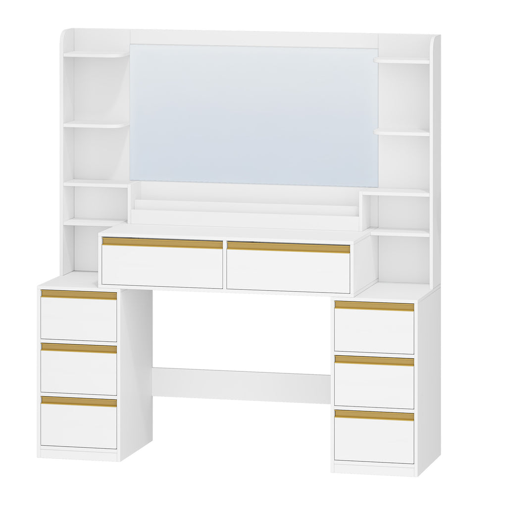 HEXCELEN Vanity Table with Large Mirror, Dressing Table and Hair Dryer Holder, 8 Drawers, Open Compartments, 135 × 40 × 145.2 cm, Modern White and Gold Vanity Table,135103X