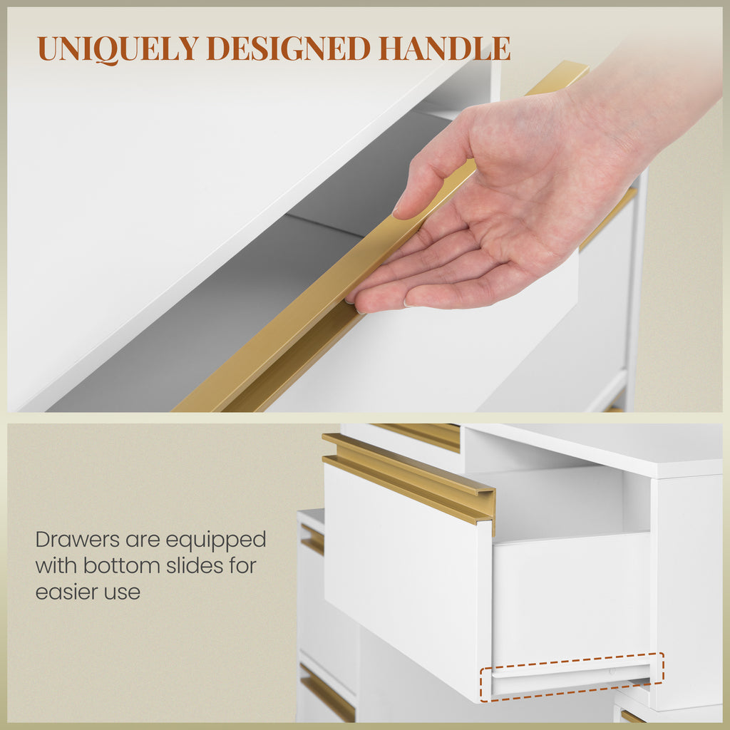 HEXCELEN Vanity Table with Large Mirror, Dressing Table and Hair Dryer Holder, 8 Drawers, Open Compartments, 135 × 40 × 145.2 cm, Modern White and Gold Vanity Table,135103X