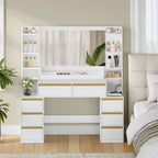 HEXCELEN Vanity Table with Large Mirror, Dressing Table and Hair Dryer Holder, 8 Drawers, Open Compartments, 135 × 40 × 145.2 cm, Modern White and Gold Vanity Table,135103X