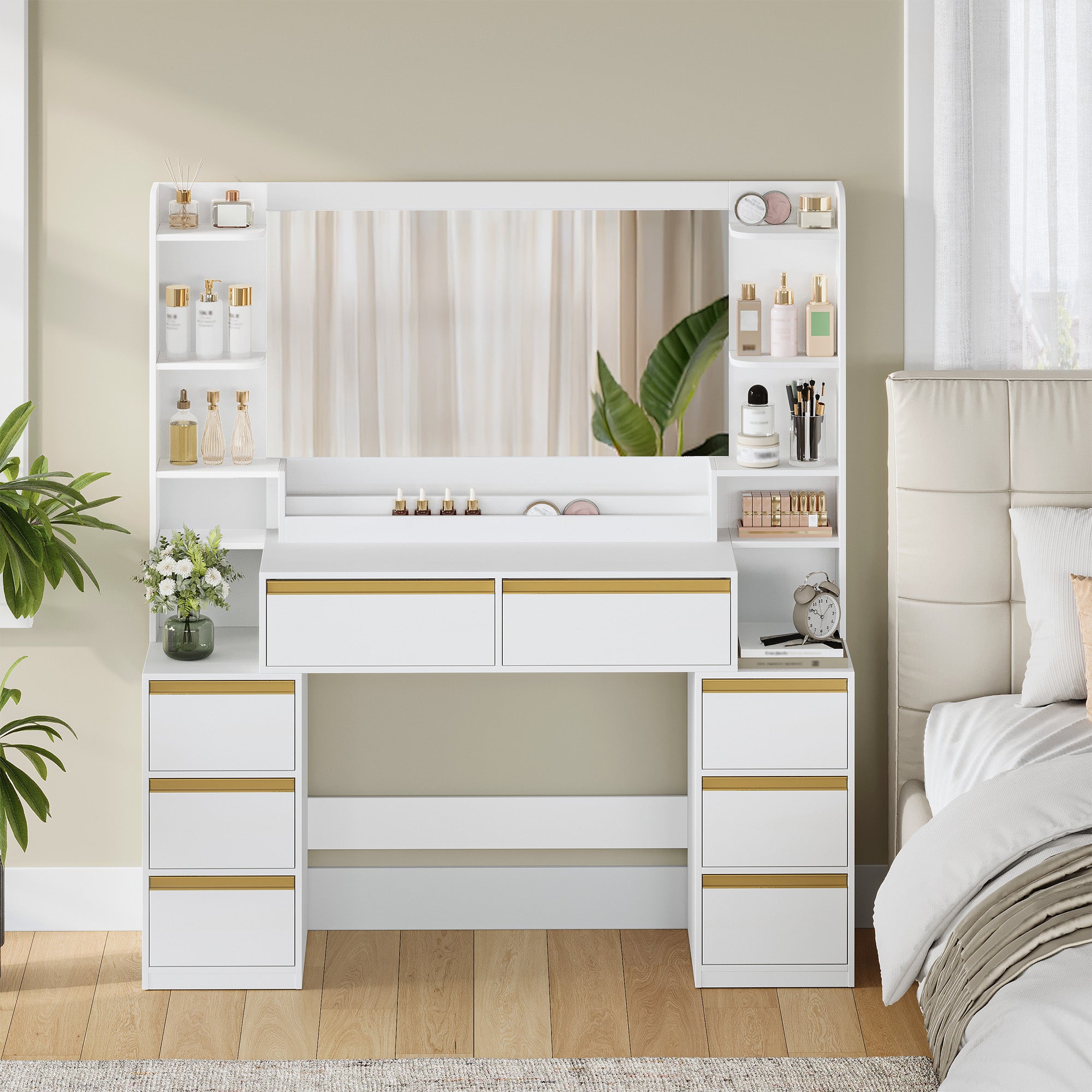 HEXCELEN Vanity Table with Large Mirror, Dressing Table and Hair Dryer Holder, 8 Drawers, Open Compartments, 135 × 40 × 145.2 cm, Modern White and Gold Vanity Table,135103X