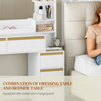HEXCELEN Vanity Table with Large Mirror, Dressing Table and Hair Dryer Holder, 8 Drawers, Open Compartments, 135 × 40 × 145.2 cm, Modern White and Gold Vanity Table,135103X