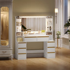 HEXCELEN Vanity Table with Large Mirror, Dressing Table and Hair Dryer Holder, 8 Drawers, Open Compartments, 135 × 40 × 145.2 cm, Modern White and Gold Vanity Table,135103X