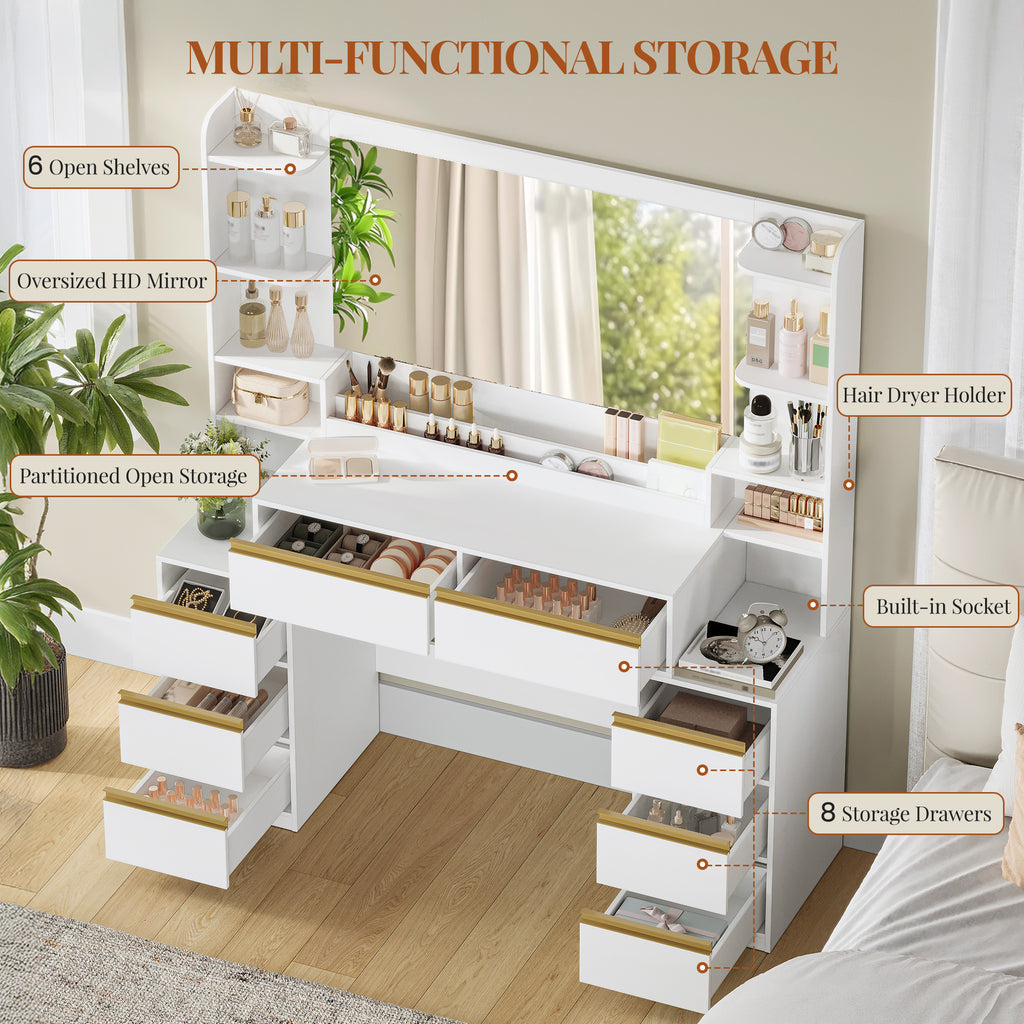 HEXCELEN Vanity Table with Large Mirror, Dressing Table and Hair Dryer Holder, 8 Drawers, Open Compartments, 135 × 40 × 145.2 cm, Modern White and Gold Vanity Table,135103X