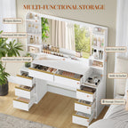 HEXCELEN Vanity Table with Large Mirror, Dressing Table and Hair Dryer Holder, 8 Drawers, Open Compartments, 135 × 40 × 145.2 cm, Modern White and Gold Vanity Table,135103X