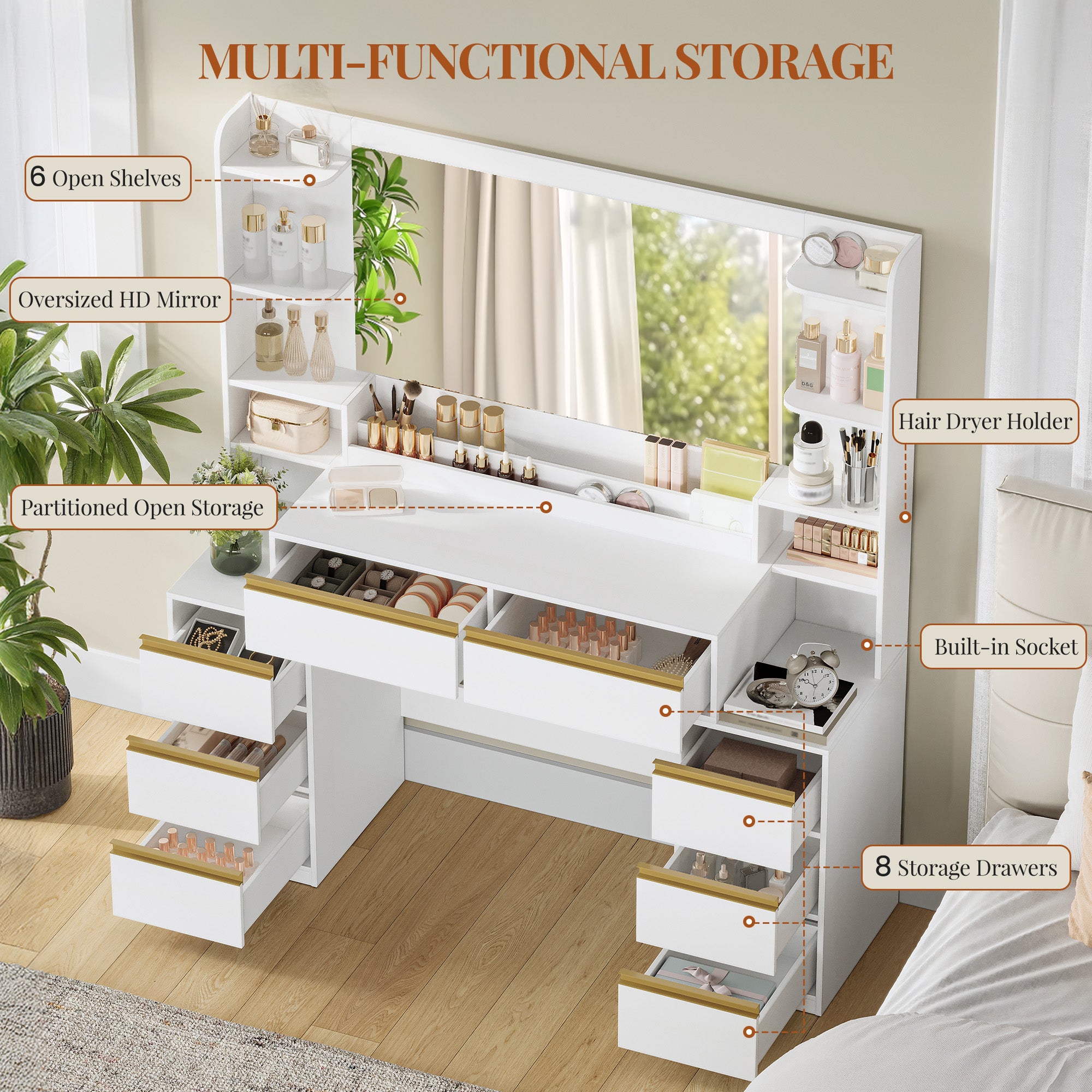HEXCELEN Vanity Table with Large Mirror, Dressing Table and Hair Dryer Holder, 8 Drawers, Open Compartments, 135 × 40 × 145.2 cm, Modern White and Gold Vanity Table,135103X