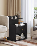 HEXCELEN Nightstand, Side Table with 1 Drawer and 2 Open Compartments, Bedside Table, Sofa Table, Space-Saving, for Bedroom, Living Room, Modern, Black 411104X