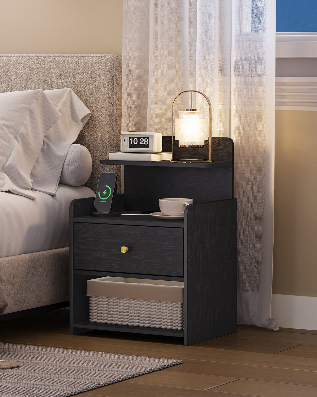 HEXCELEN Nightstand Set of 2, Side Table with 1 Drawer and 2 Open Compartments, Bedside Table, Sofa Table, Space-Saving, for Bedroom, Living Room, Modern, Black 411204X