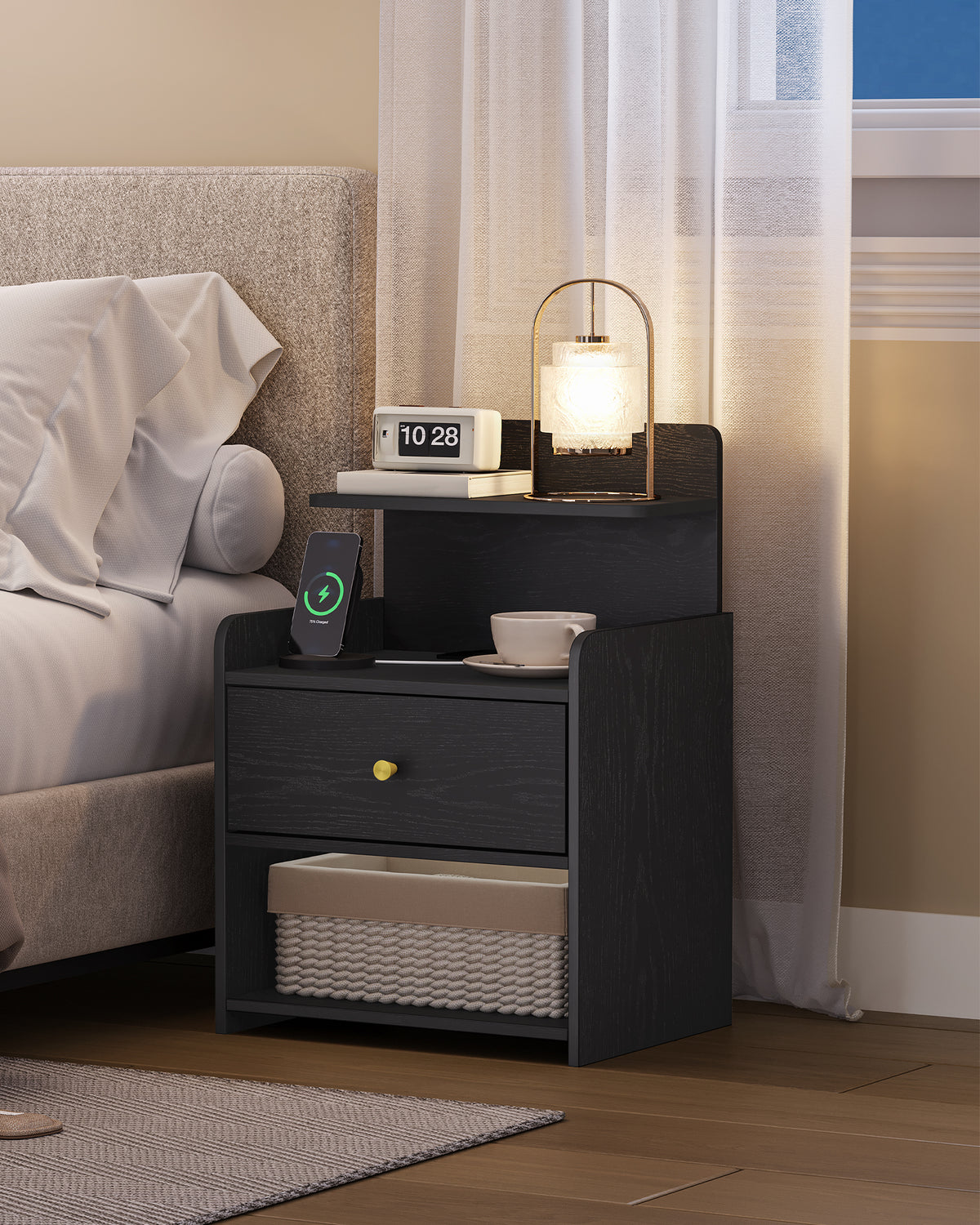 HEXCELEN Nightstand Set of 2, Side Table with 1 Drawer and 2 Open Compartments, Bedside Table, Sofa Table, Space-Saving, for Bedroom, Living Room, Modern, Black 411204X
