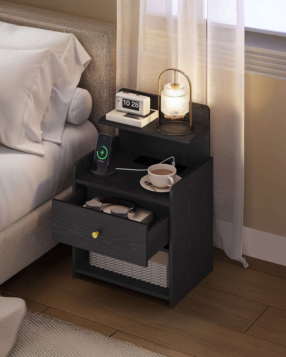 HEXCELEN Nightstand, Side Table with 1 Drawer and 2 Open Compartments, Bedside Table, Sofa Table, Space-Saving, for Bedroom, Living Room, Modern, Black 411104X