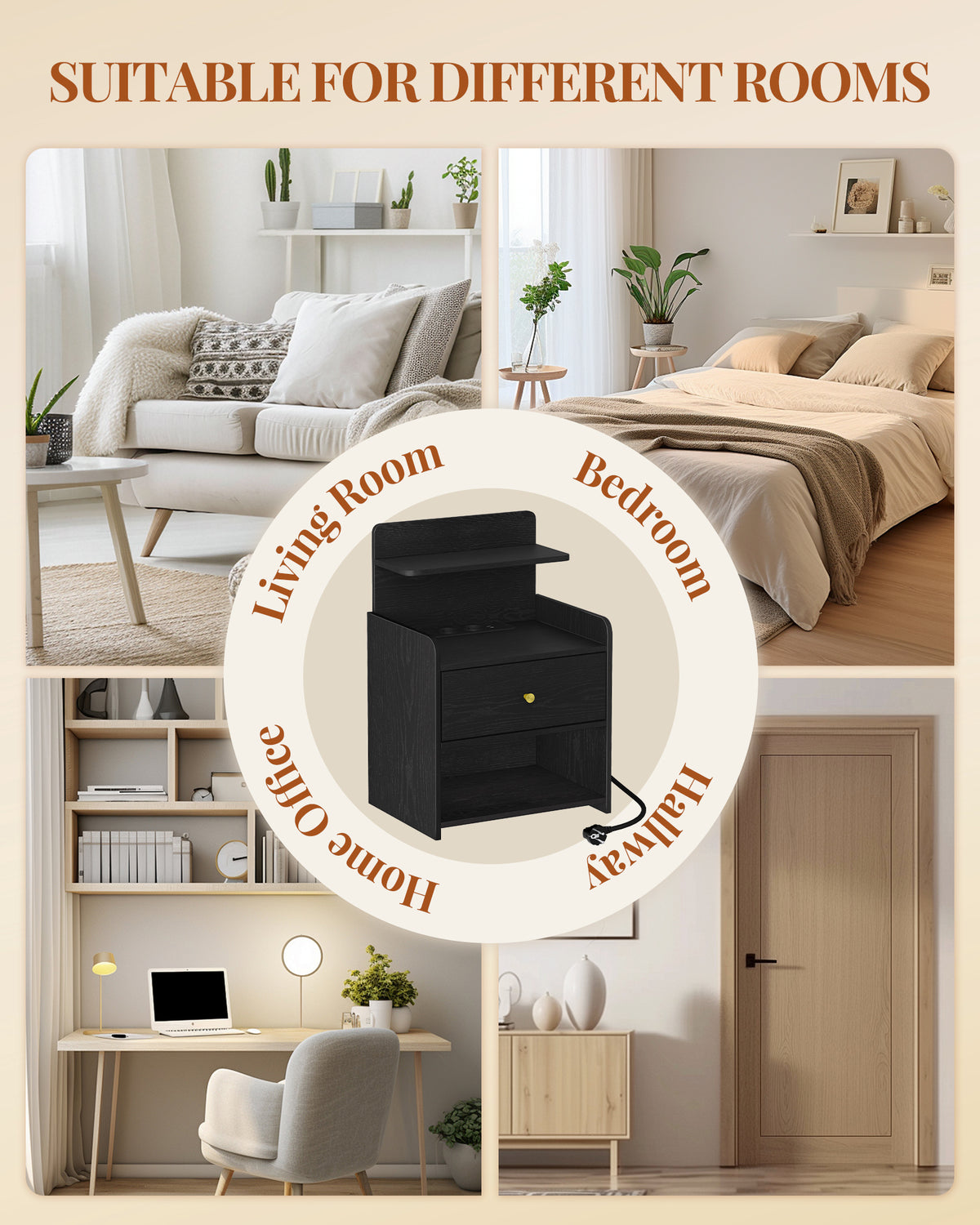 HEXCELEN Nightstand Set of 2, Side Table with 1 Drawer and 2 Open Compartments, Bedside Table, Sofa Table, Space-Saving, for Bedroom, Living Room, Modern, Black 411204X