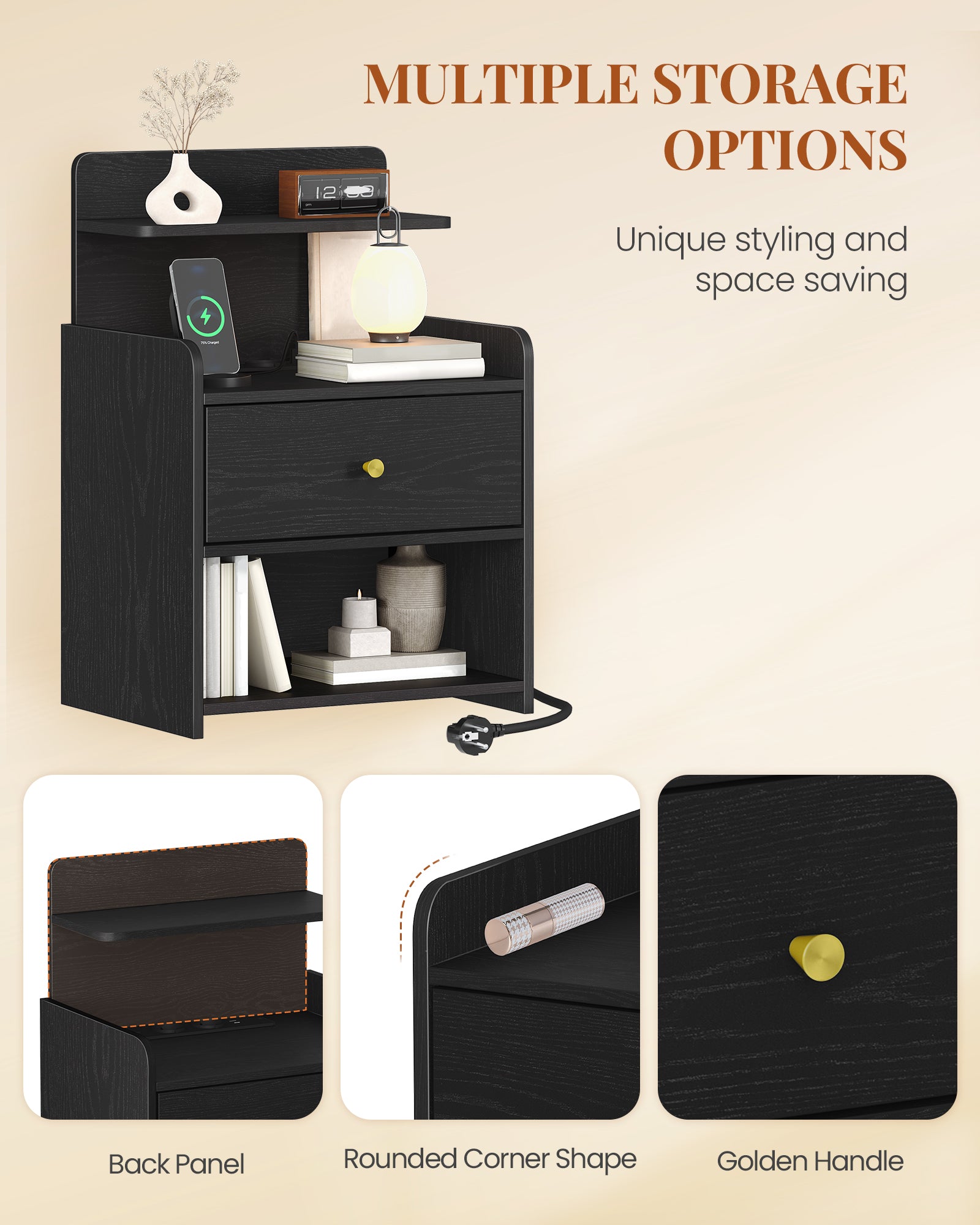 HEXCELEN Nightstand, Side Table with 1 Drawer and 2 Open Compartments, Bedside Table, Sofa Table, Space-Saving, for Bedroom, Living Room, Modern, Black 411104X