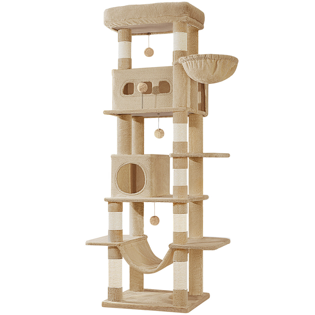 Hzuaneri Cat Tree for Indoor Cats, 170 cm Large Tall Cat Tower, Multi-Level Cats House with Condo, 8 Scratching Posts, Hammock, 4 Pom Poms, Camel Brown MS17018LC