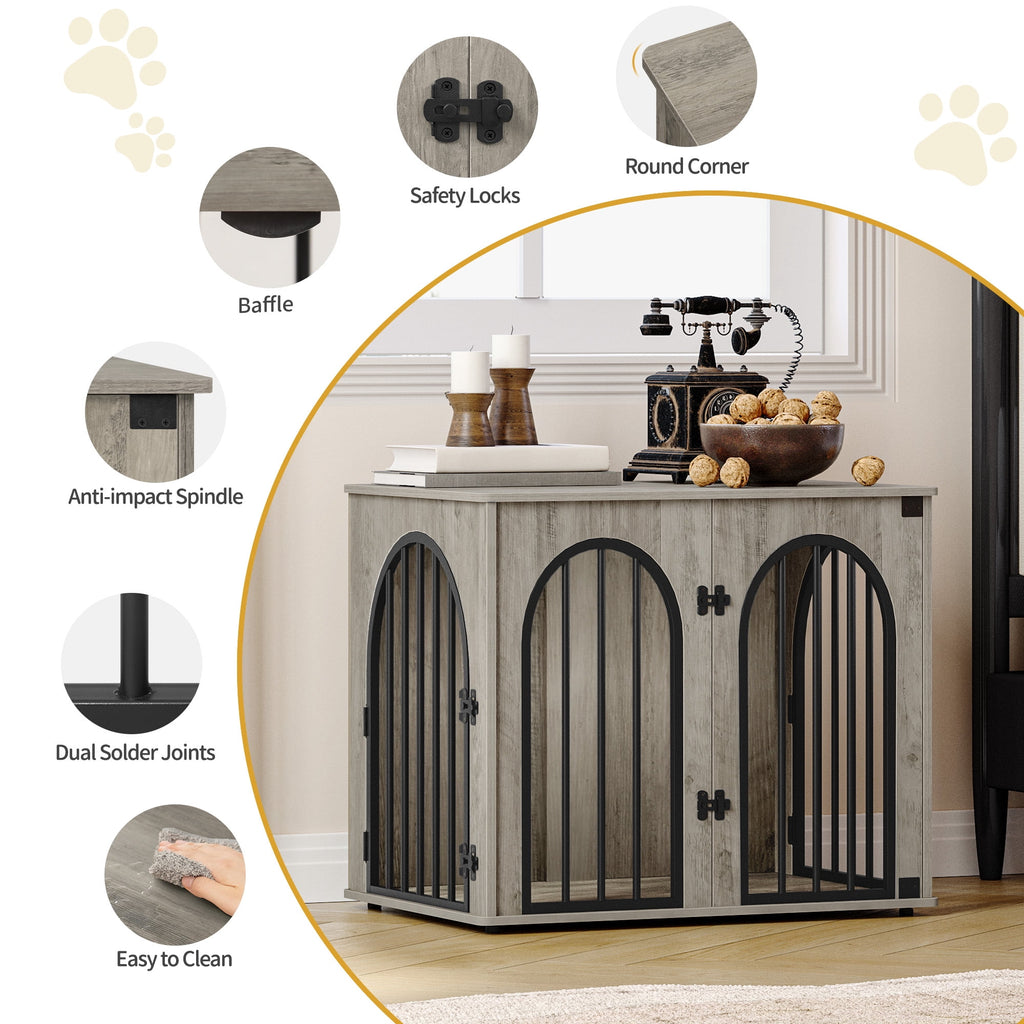 Hzuaneri 26.8" Dog Crate Furniture, Wooden Dog Kennel with Cushion, Indoor Dog Cage for Small Dogs, Decorative Pet House Side End Table, Chew-Resistant, Greige