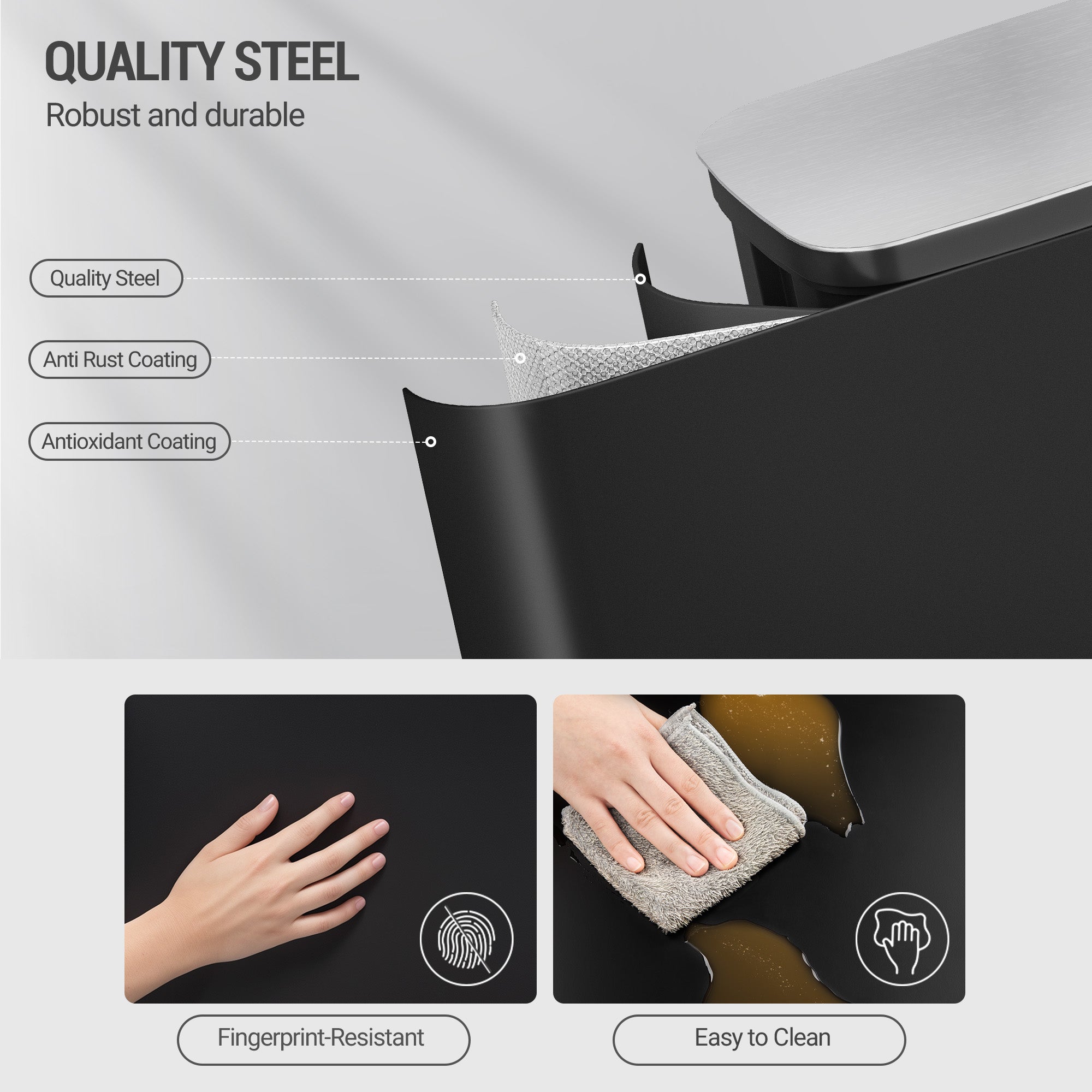 Hzuaneri 50L Trash Can, Kitchen Waste Bin with Pedal, Stainless Steel, Separate Inner Barrel, 15 Bags, Black SW15099B