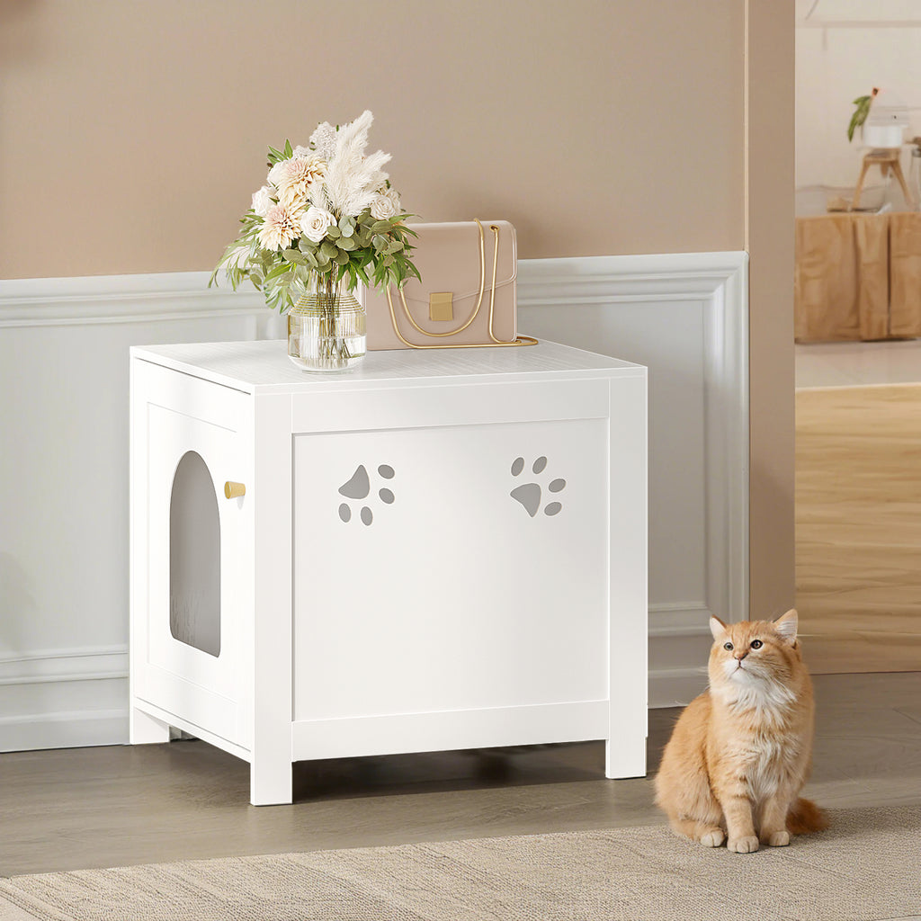 Hzuaneri Cat Litter Box Enclosure, 52 cm L Hidden Litter Box Furniture, Wooden Indoor Pet House with Front Arched Door, Side End Table, Nightstand for Living Room, Bedroom, White CB82213X