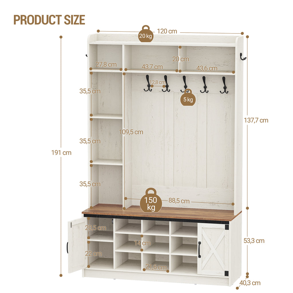 Hzuaneri Coat Rack with Bench, Wardrobe with LED Lighting, Clothes Rack, Adjustable Shelves, 15 Open Compartments, 7 Hooks, for Entrance Area, 40.3 x 120 x 191 cm, White-Brown HT24614X