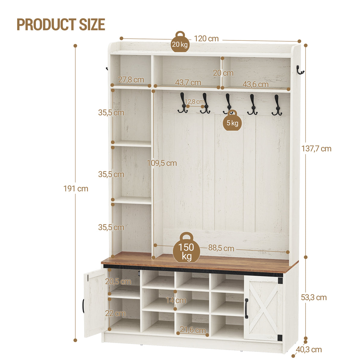 Hzuaneri Coat Rack with Bench, Wardrobe with LED Lighting, Clothes Rack, Adjustable Shelves, 15 Open Compartments, 7 Hooks, for Entrance Area, 40.3 x 120 x 191 cm, White-Brown HT24614X