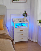 HEXCELEN Bedside Table with LED Lights & Charging Station, 3 Fabric Drawers, USB Ports & Power Outlets, White