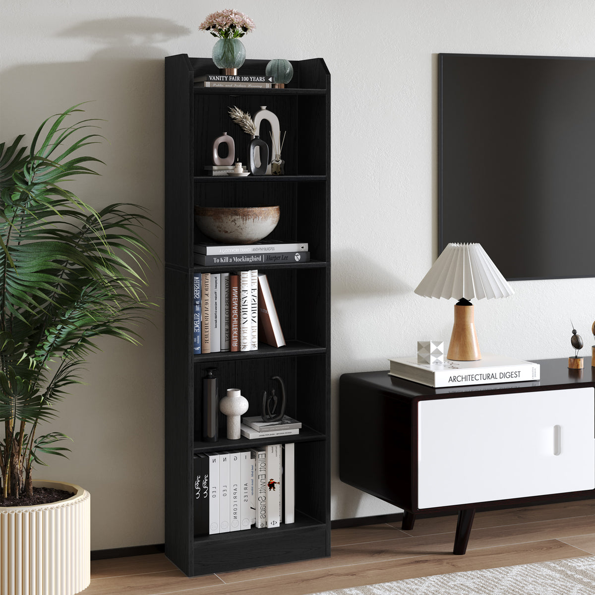 Hzuaneri Bookcase, 6-Tier Narrow Tall Bookshelf, Wooden Bookshelf with Adjustable Shelf, Open Storage Shelf for Bedroom, Living Room, Home Office, 24 x 48 x 169.5 cm Black, 02904XBC