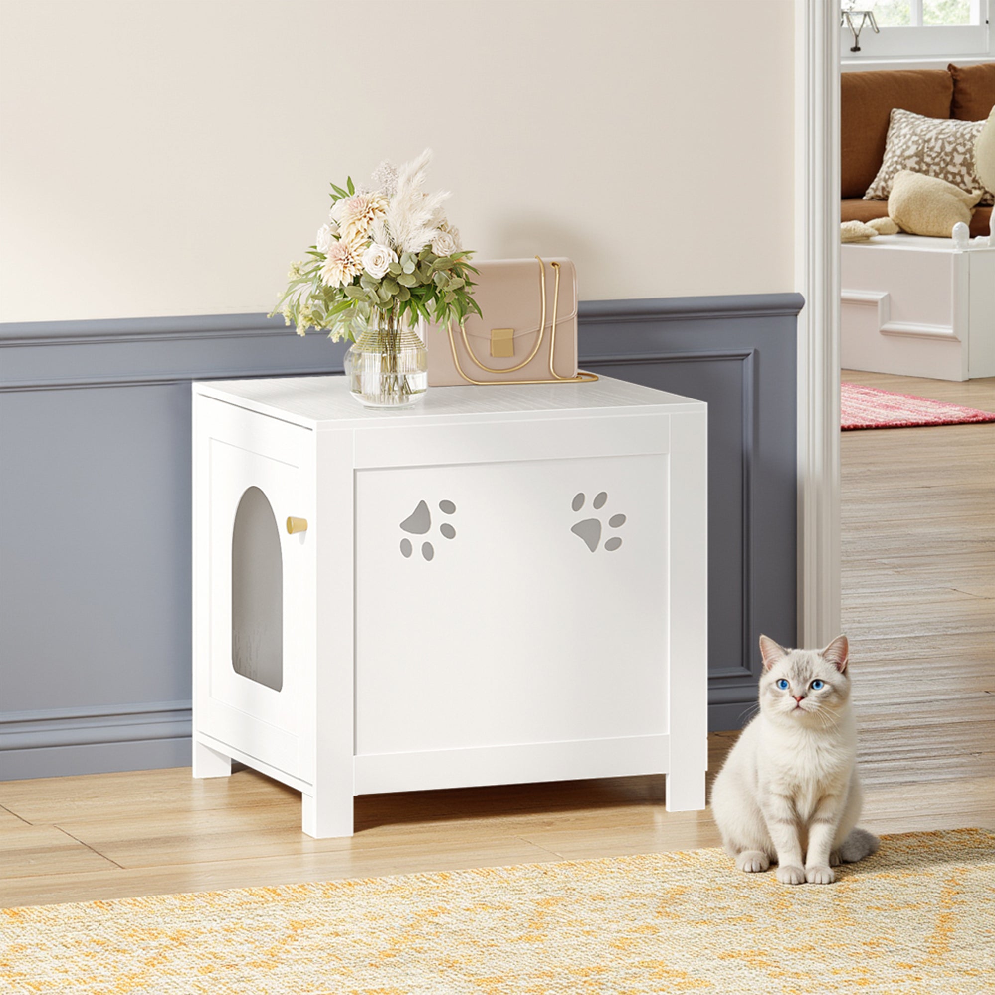 Hzuaneri Cat Litter Box Enclosure, 52 cm L Hidden Litter Box Furniture, Wooden Indoor Pet House with Front Arched Door, Side End Table, Nightstand for Living Room, Bedroom, White CB82213X