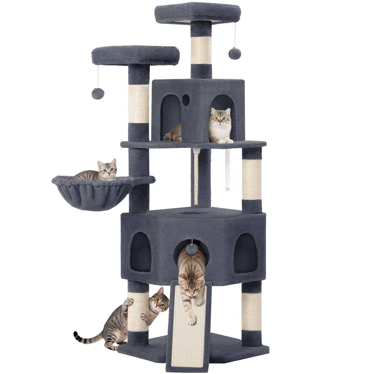 Hzuaneri Cat Tree for Indoor Cats, 174cm Cat Tower for Large Cats, 2 Platforms, 2 Caves, 4 Sisal Posts, Scratching Board, Cat Basket, Sisal Rope, Heavy-Duty for multiple cats, Dark Grey MS17418SG