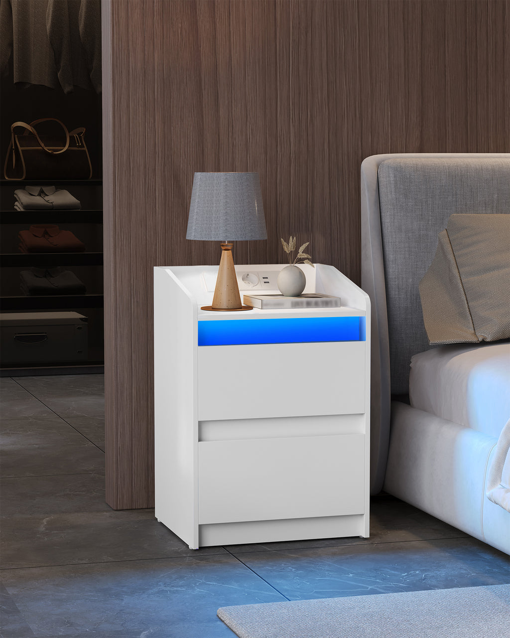 HEXCELEN Bedside Table with LED Lights & Charging Station, 2 Drawers, USB Ports and Power Outlets, White