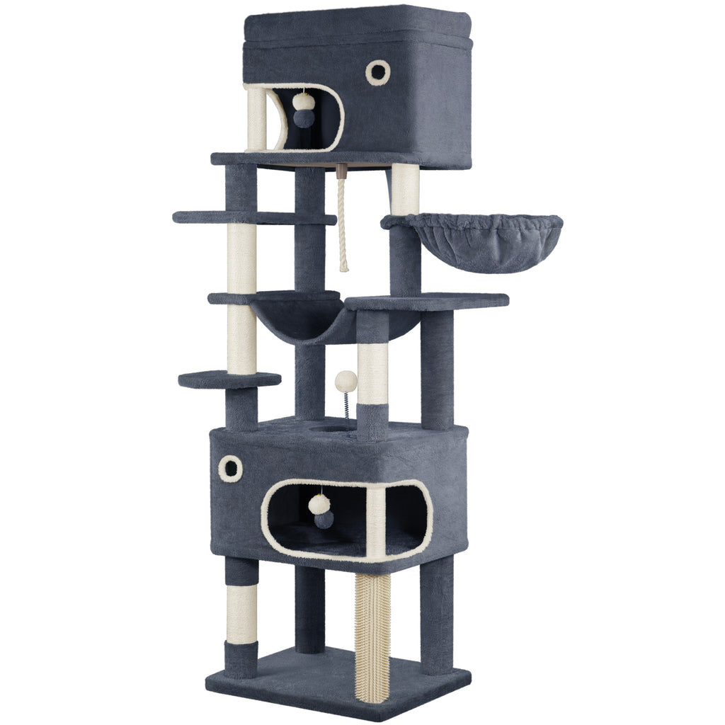 Hzuaneri 178 cm Cat Tree for Indoor Cats, Multi-layer Scratching Post with Large Platform, 2 Caves, 7 Sisal Posts, Pompoms, Cat Basket, Hammock, Suitable for Cats, Dark Grey MS17818SG